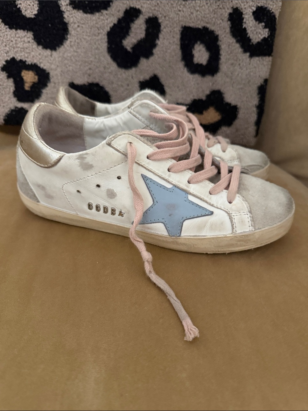 Golden Goose Kids White Sneakers with Blue Star and Pink Laces